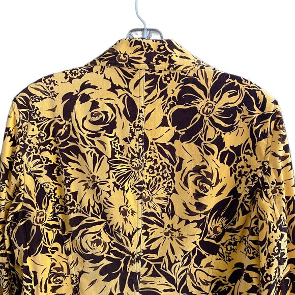 Boho Velvet Blazer Sz 12 Yellow & Brown Floral A-LINE Jacket Zip Front Pockets - Picture 12 of 13